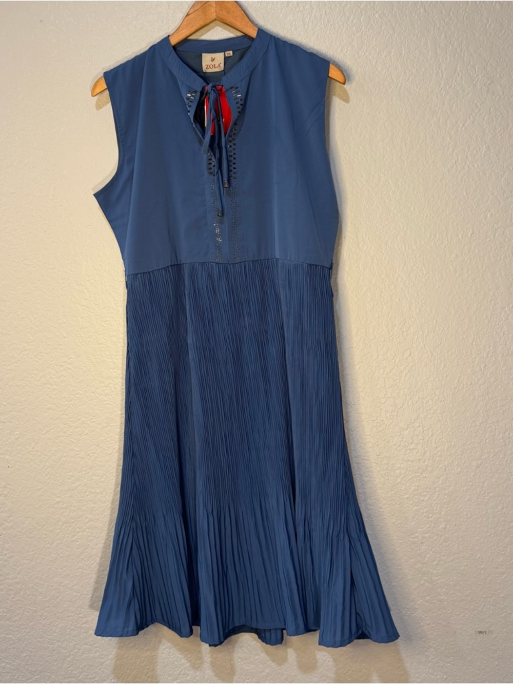 Sleeveless Midi Dress in Dusty Blue, Pleated Details and Beaded Embellishment